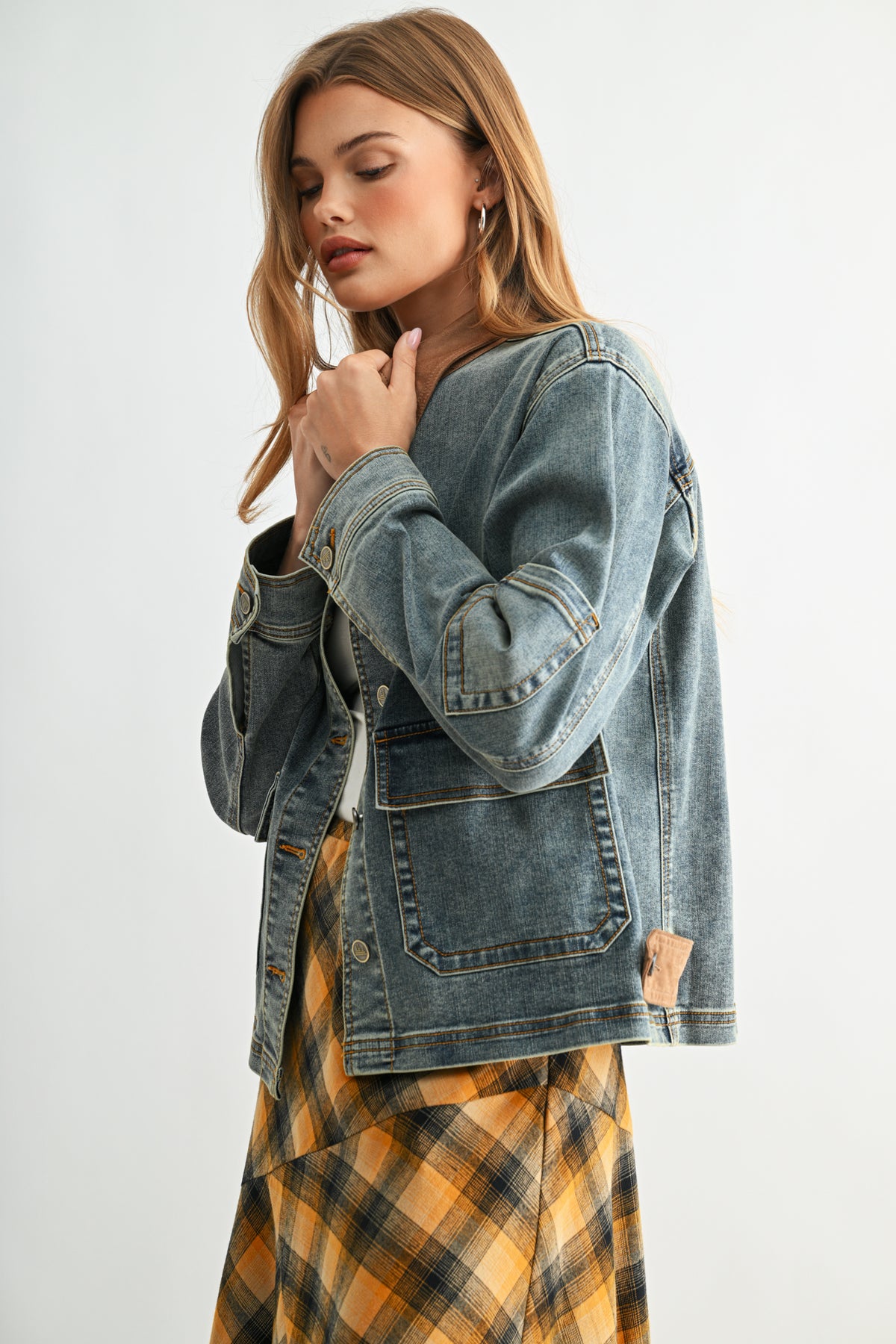 Indigo Denim Shacket with Suede Collar