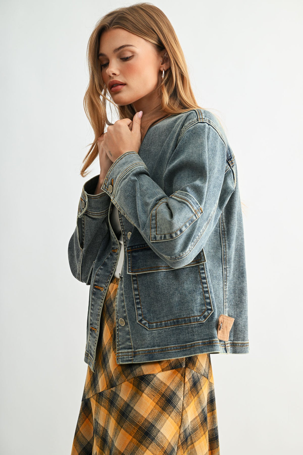Indigo Denim Shacket with Suede Collar