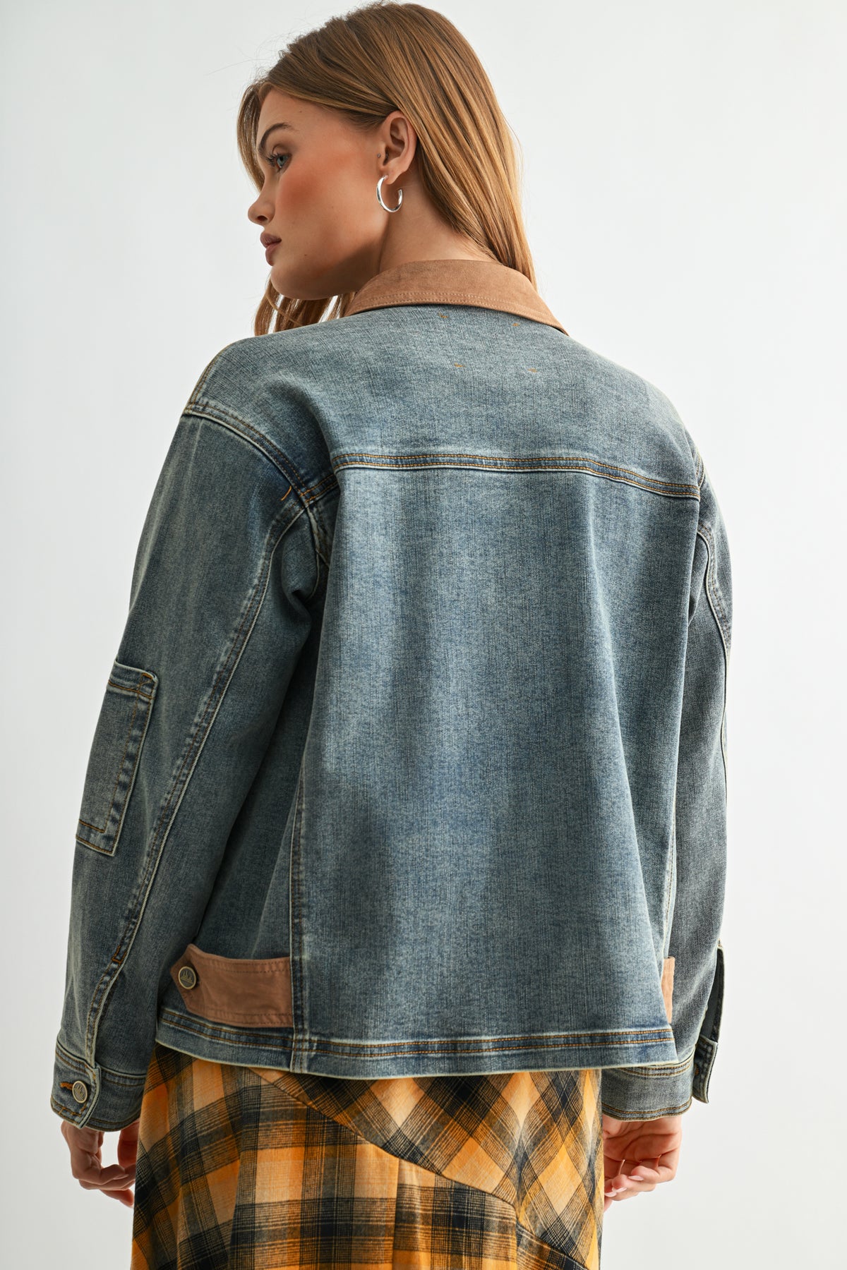 Indigo Denim Shacket with Suede Collar