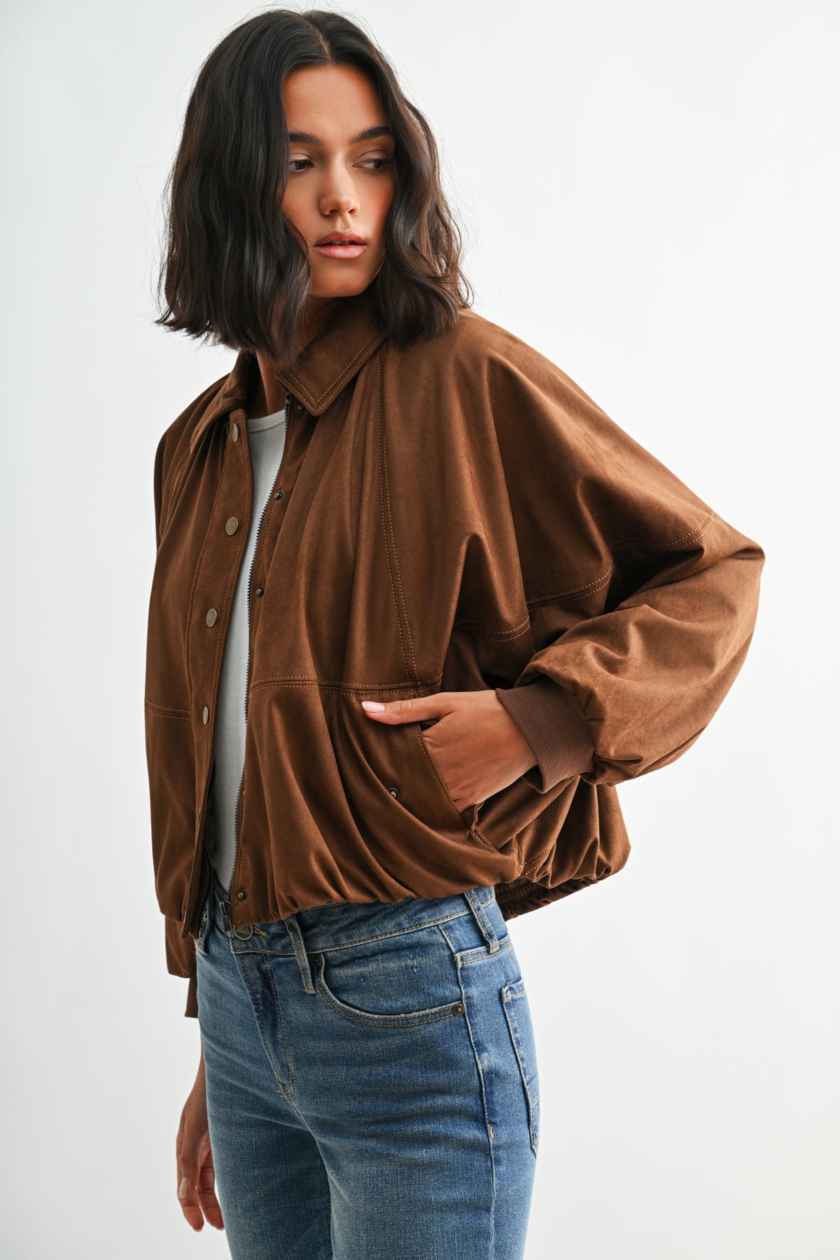 Camel Suede Snap Front Dolman Jacket
