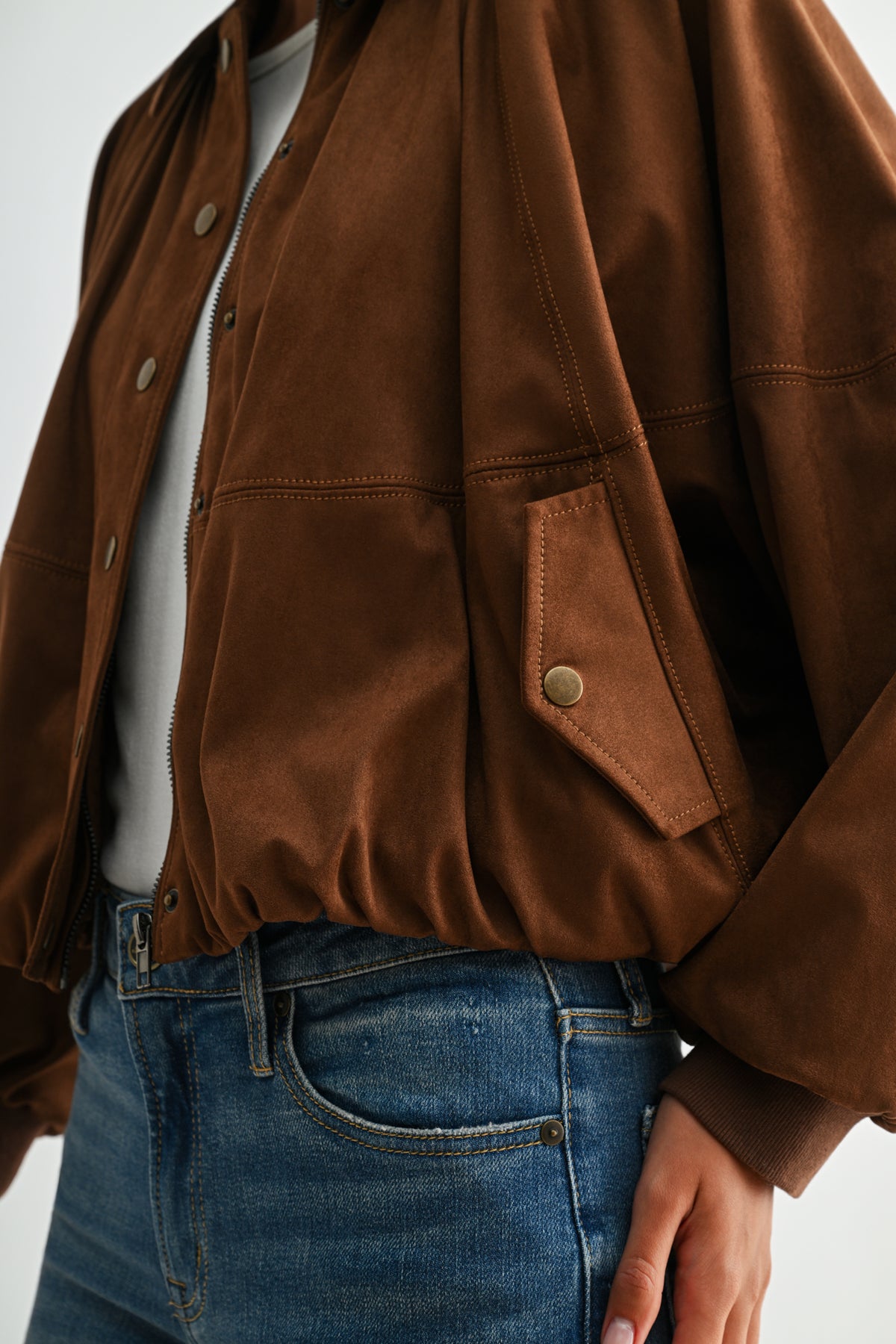 Camel Suede Snap Front Dolman Jacket