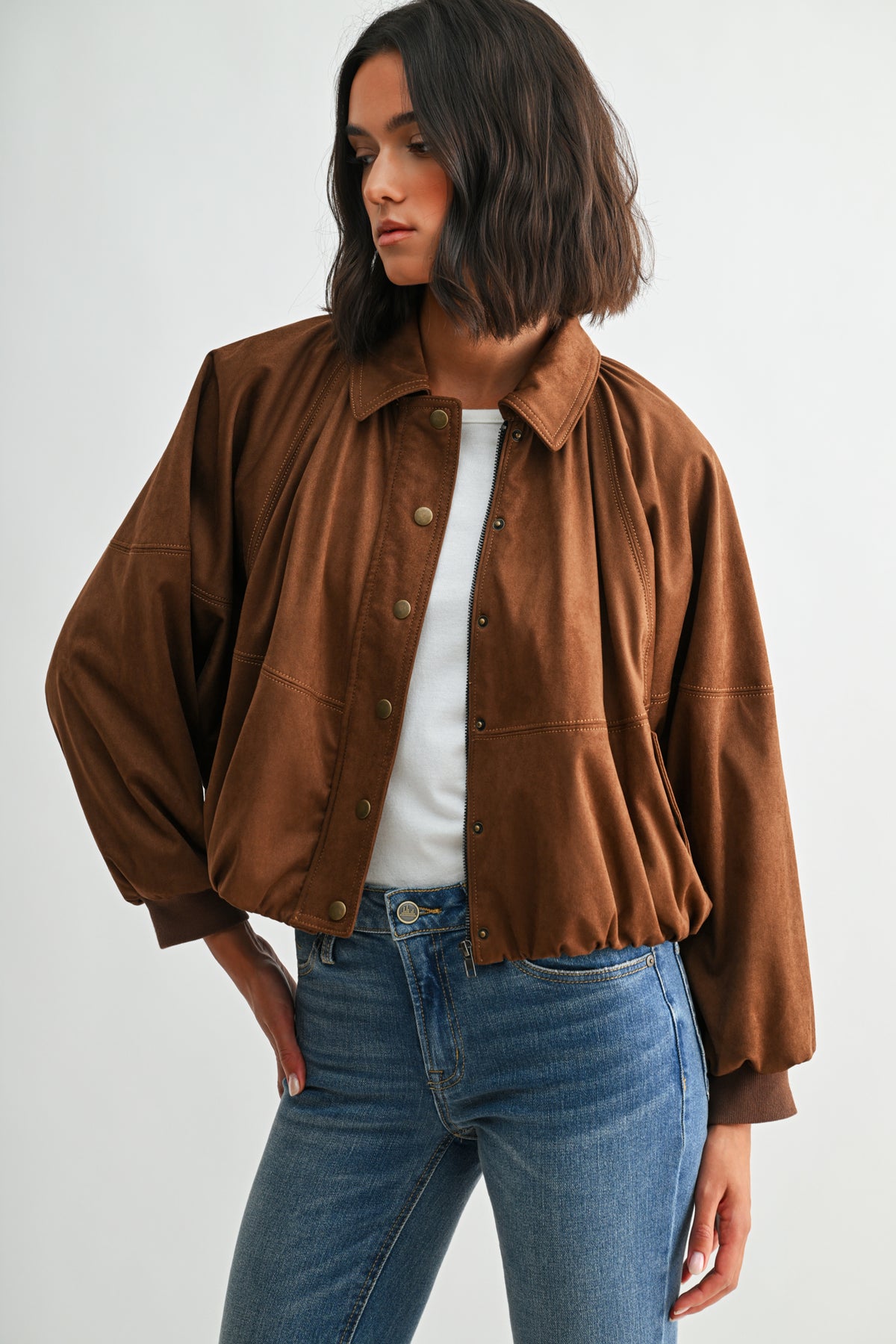 Camel Suede Snap Front Dolman Jacket