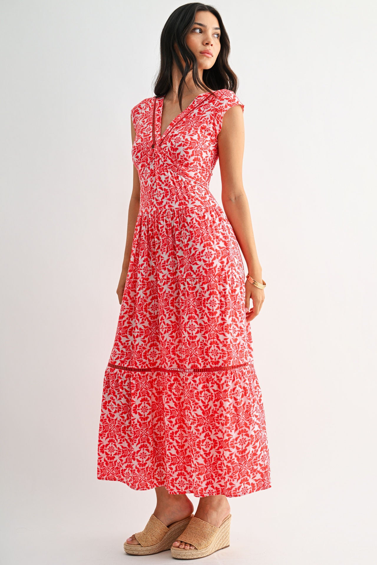 Red Multi Print Print Tiered V-Neck Maxi Dress