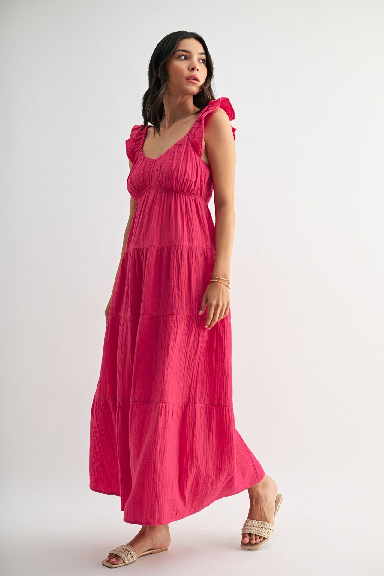 Bright Rose Empire Waist Tiered Maxi Dress