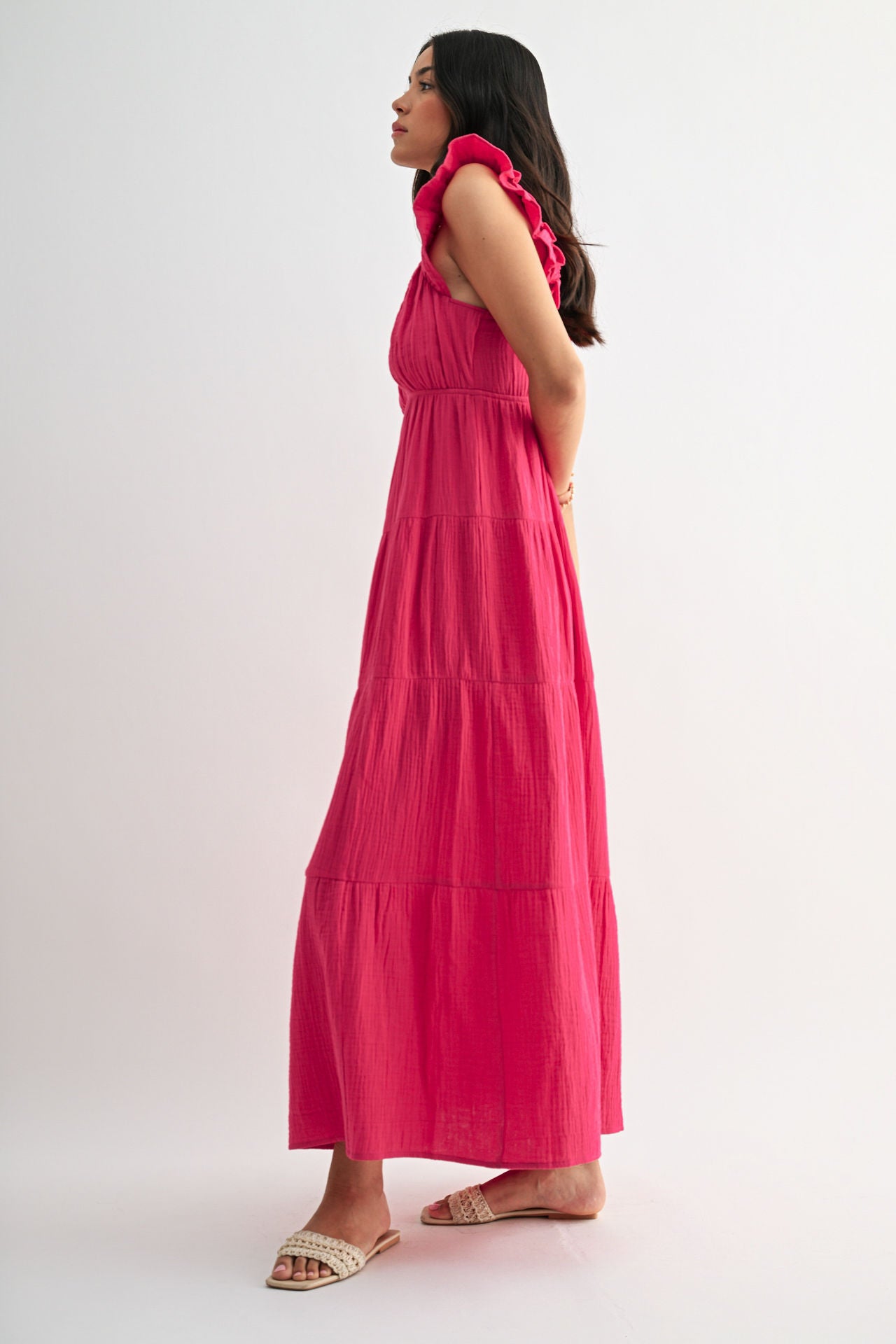 Bright Rose Empire Waist Tiered Maxi Dress