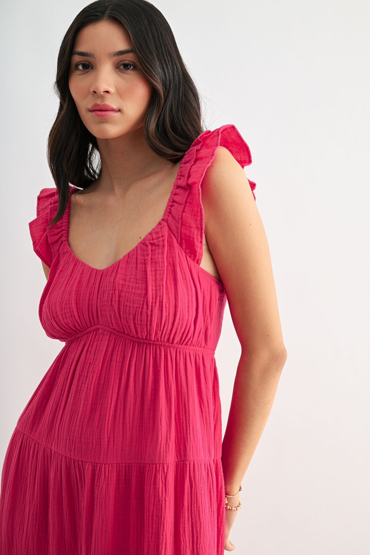 Bright Rose Empire Waist Tiered Maxi Dress