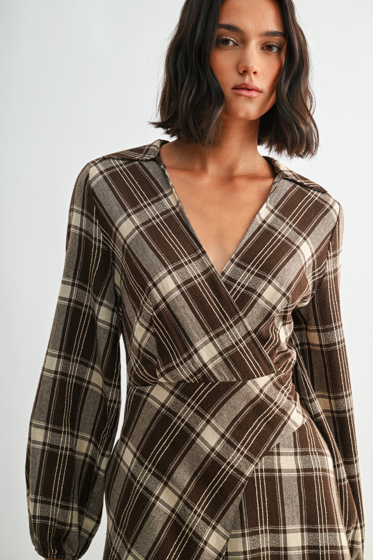 Brown Plaid Long Sleeve Asymmetric Hem Dress