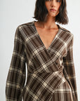 Brown Plaid Long Sleeve Asymmetric Hem Dress