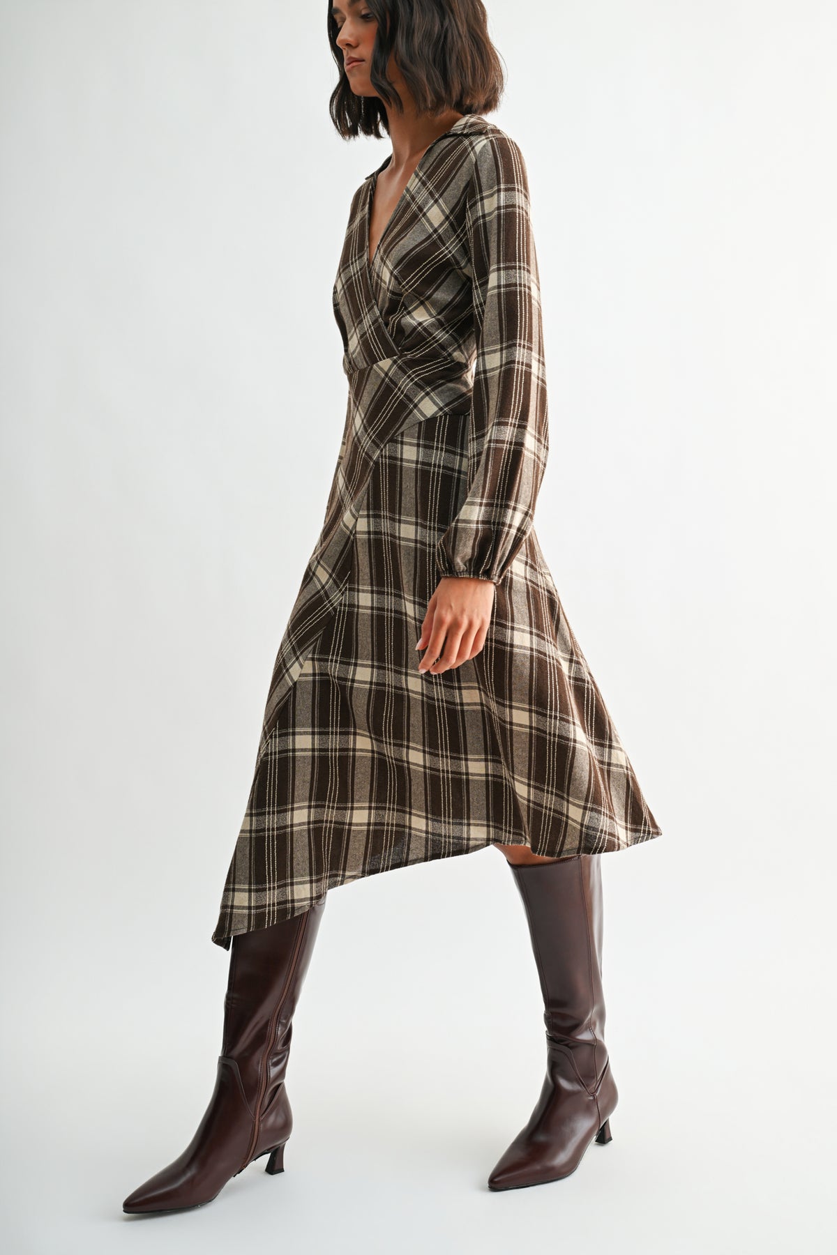 Brown Plaid Long Sleeve Asymmetric Hem Dress