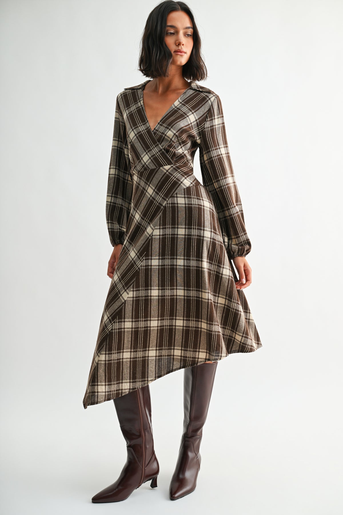 Brown Plaid Long Sleeve Asymmetric Hem Dress