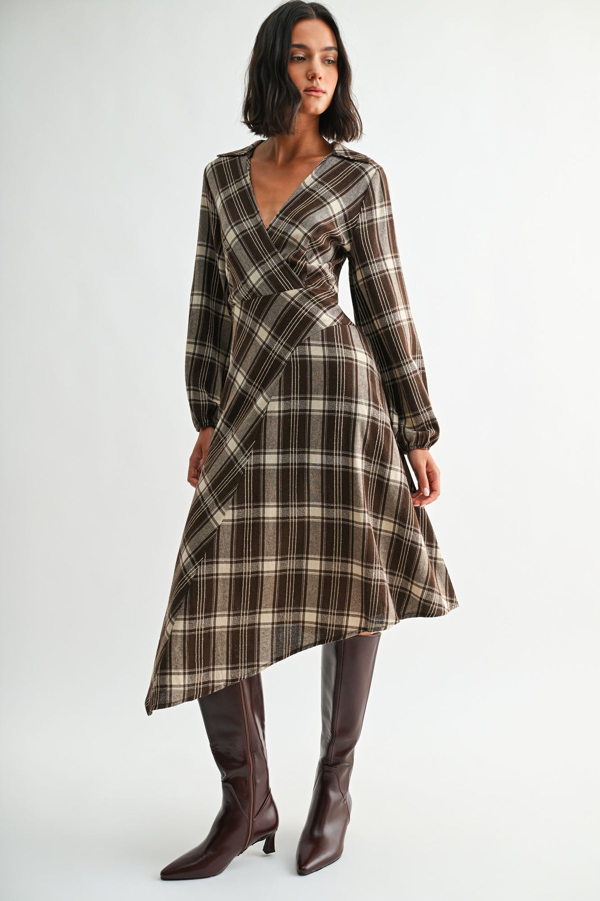 Brown Plaid Long Sleeve Asymmetric Hem Dress