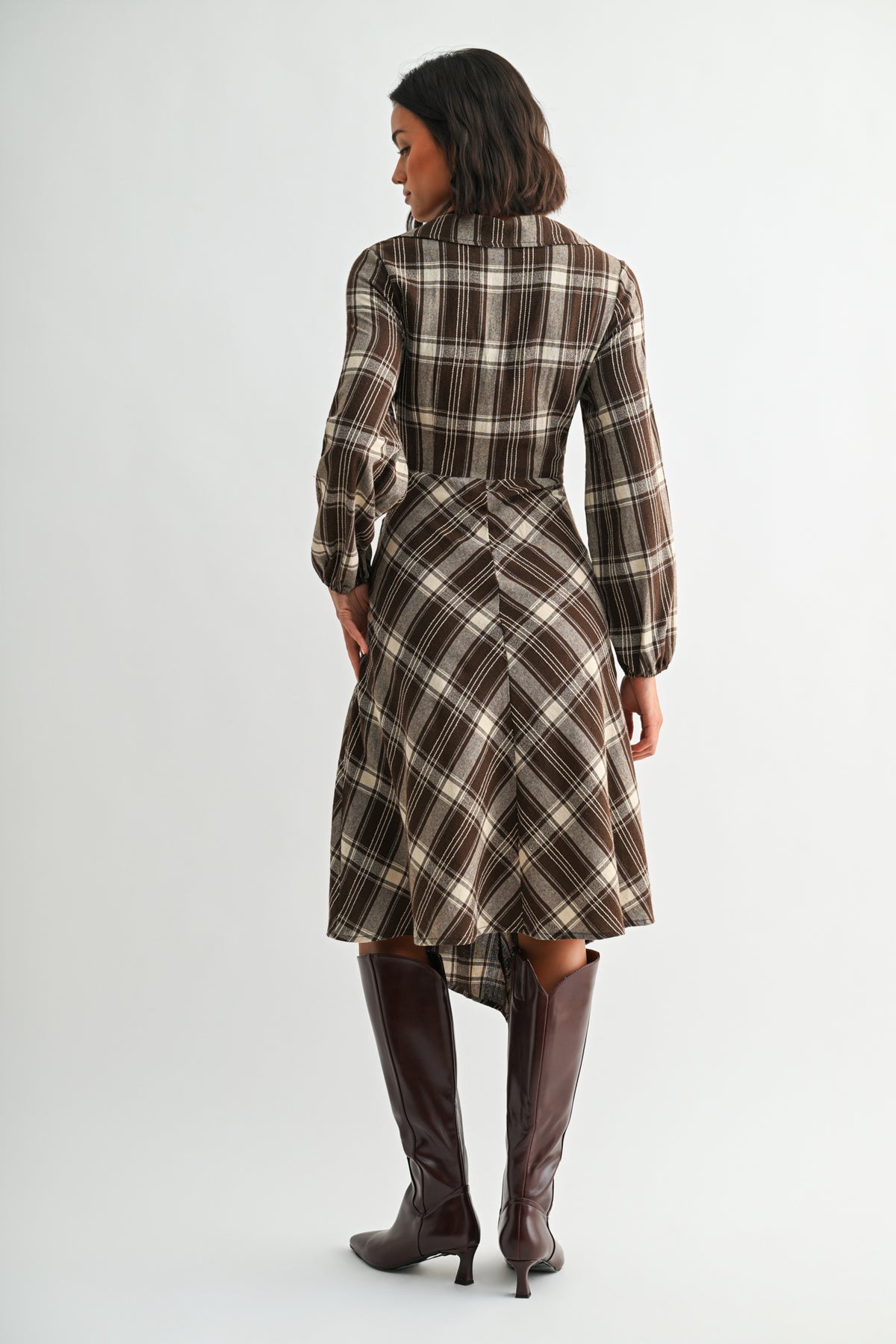 Brown Plaid Long Sleeve Asymmetric Hem Dress