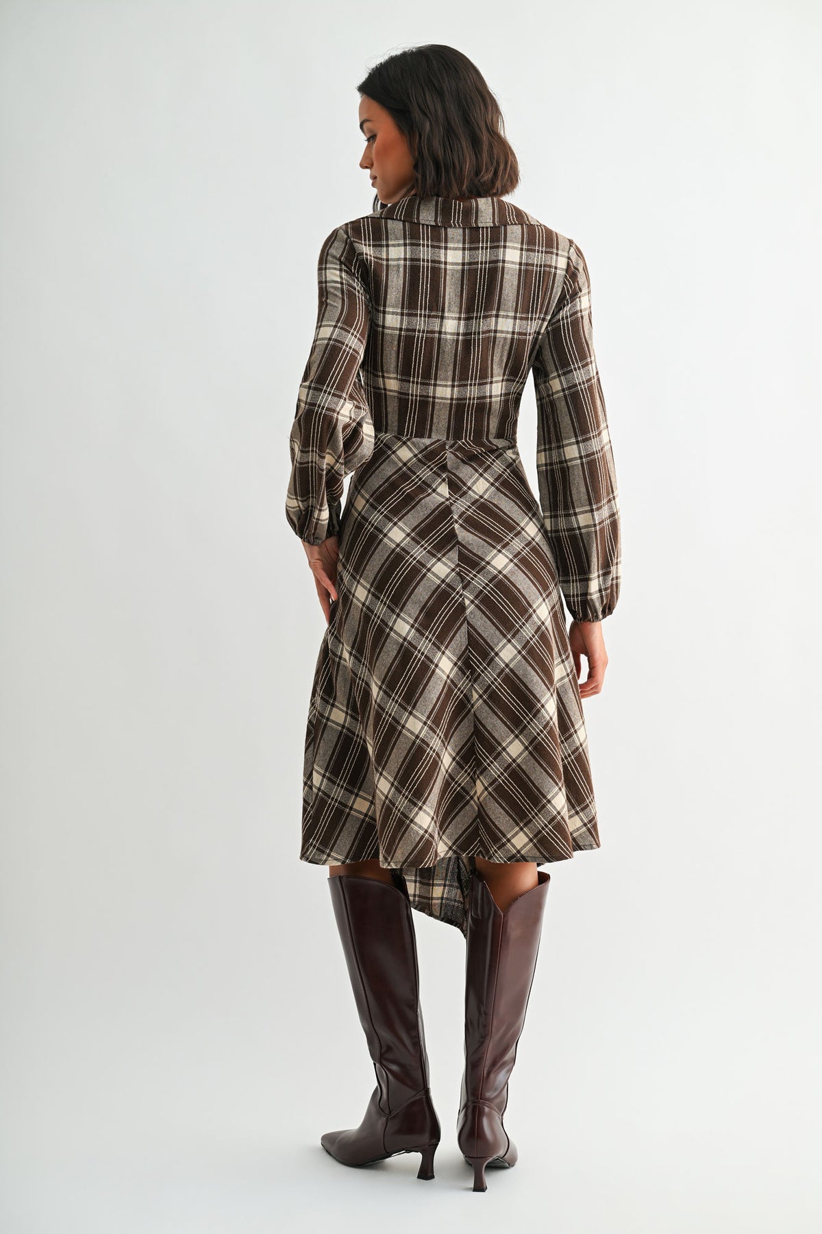 Brown Plaid Long Sleeve Asymmetric Hem Dress