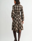Brown Plaid Long Sleeve Asymmetric Hem Dress
