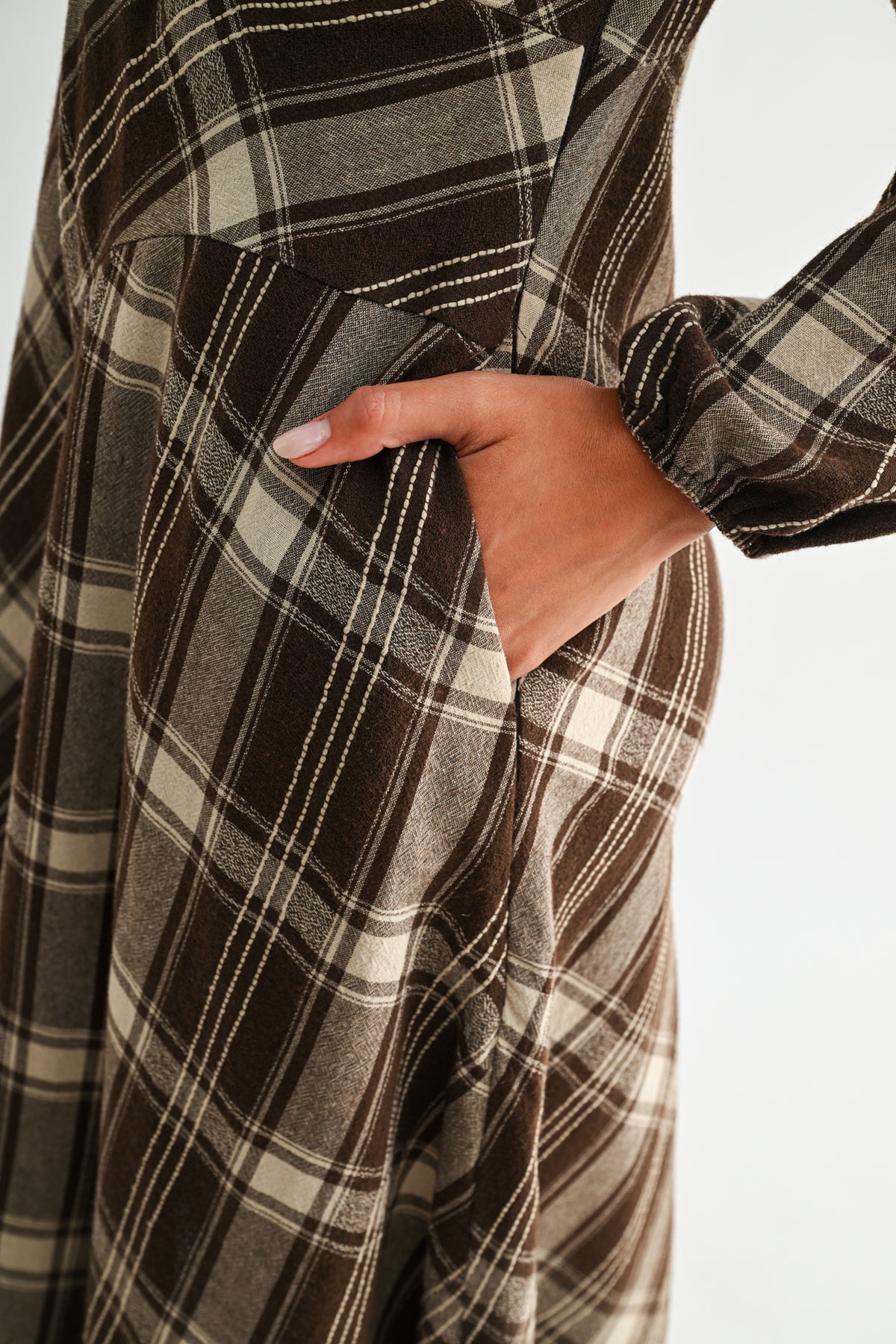 Brown Plaid Long Sleeve Asymmetric Hem Dress