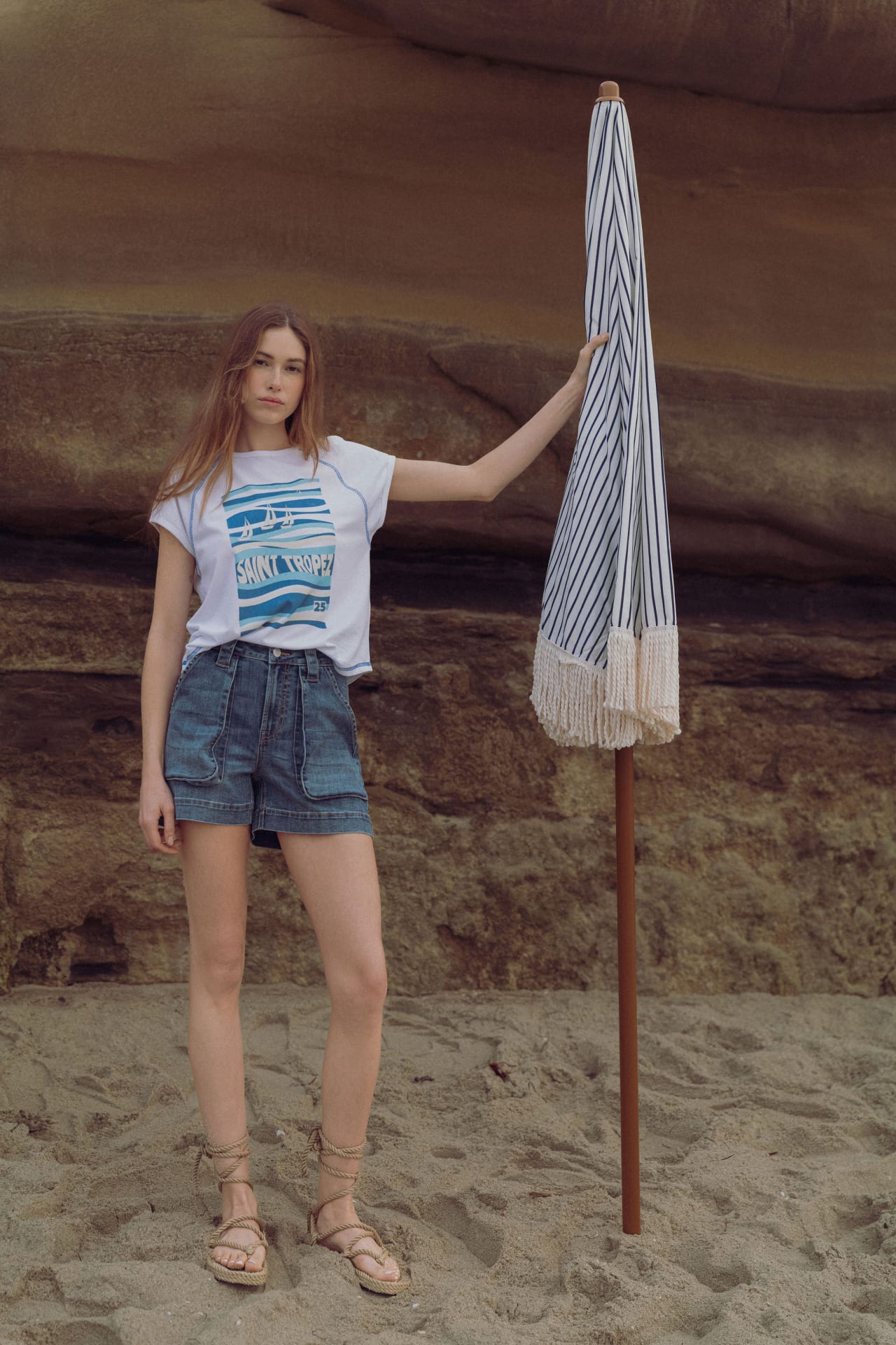 White Raglan Sleeve Graphic Tee and Medium Indigo Denim Utility Short