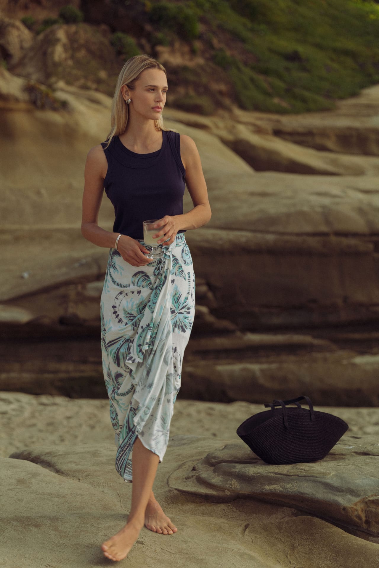 Navy Layered Tank Cream Faux Wrap Skirt