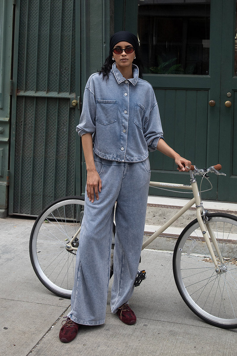 Cadet Blue Cropped Knit Shacket and lounge pant