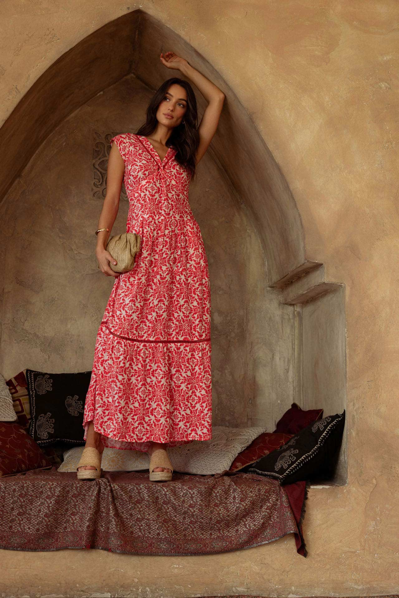 Red Multi Print Print Tiered V-Neck Maxi Dress