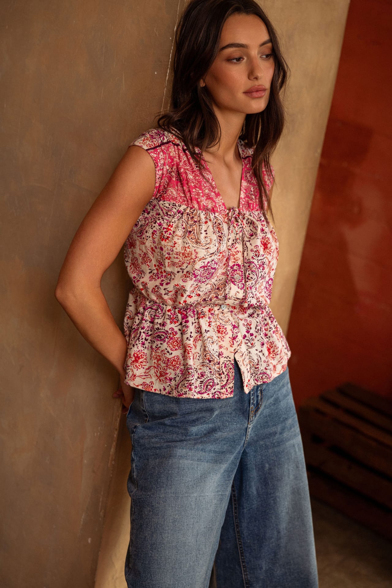 Extend Cap Sleeve Peplum Shirt Cadet Red Print