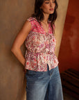 Extend Cap Sleeve Peplum Shirt Cadet Red Print