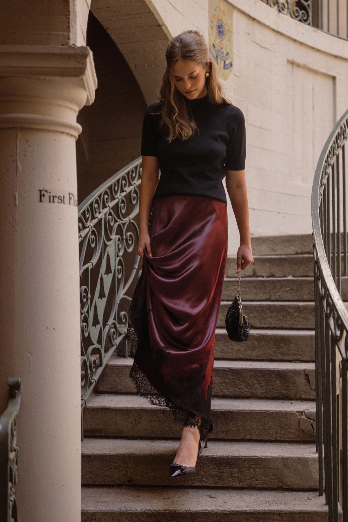 Aubergine Midi Lace Hem Skirt