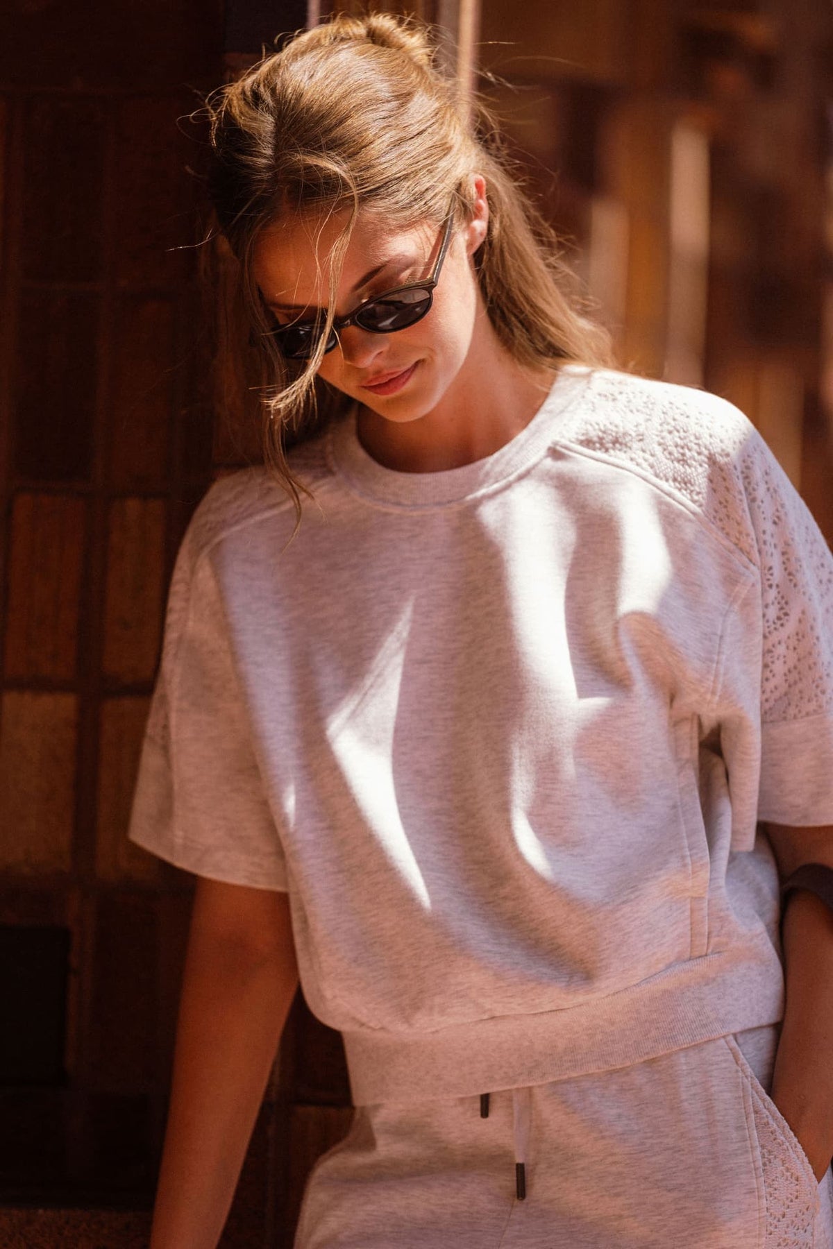 Heather Grey Short Sleeve Lace Mixed Sweatshirt