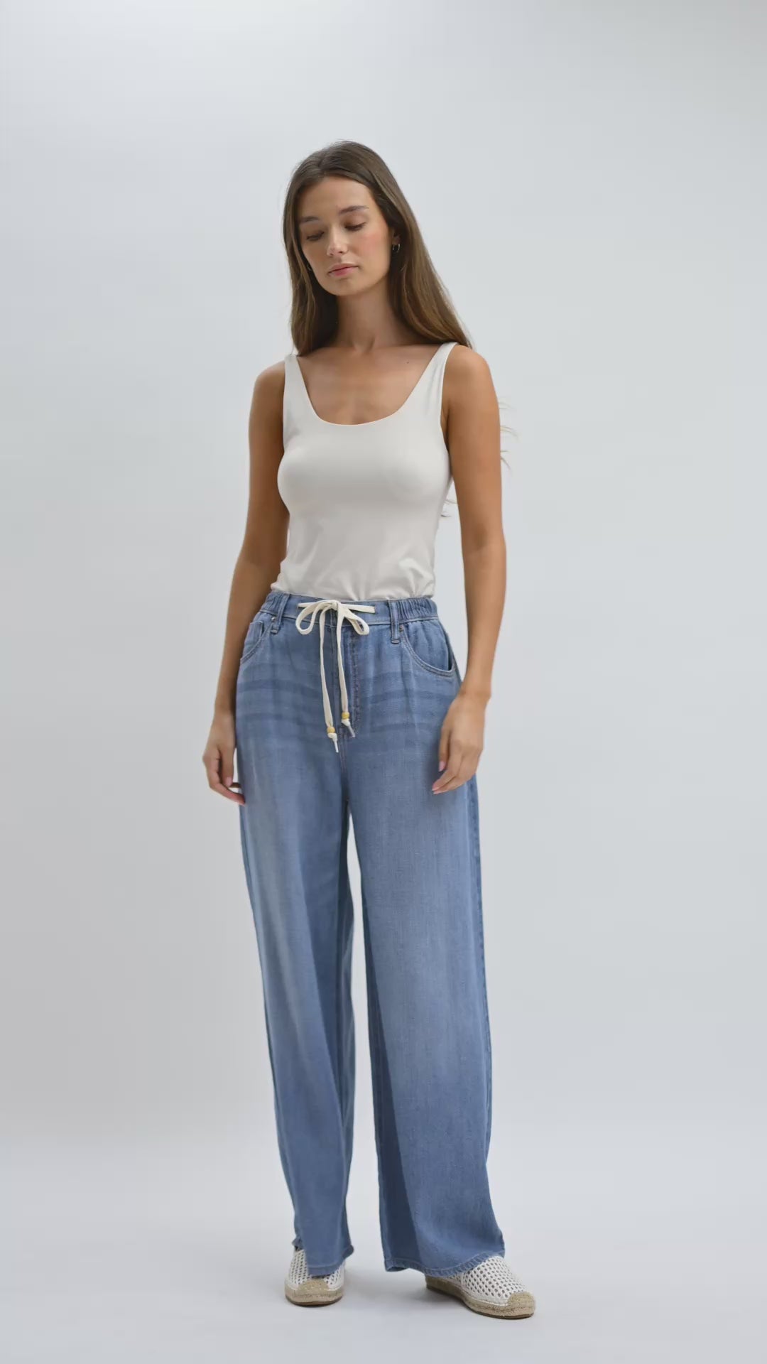 Medium Indigo Denim Adjustable Waist Wide Leg Jean Video 