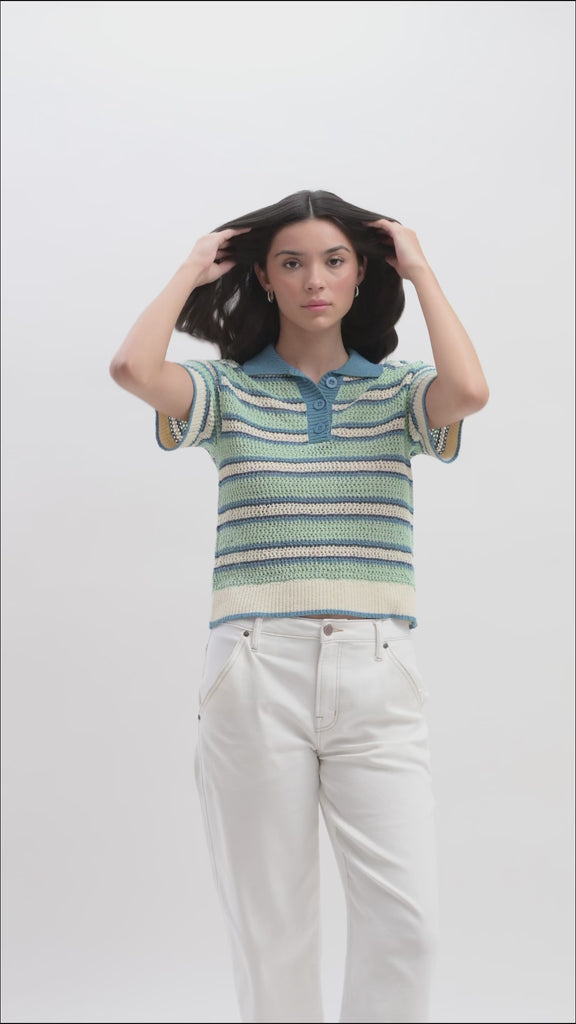 Sea Green Ocean Short Sleeve Crochet Polo