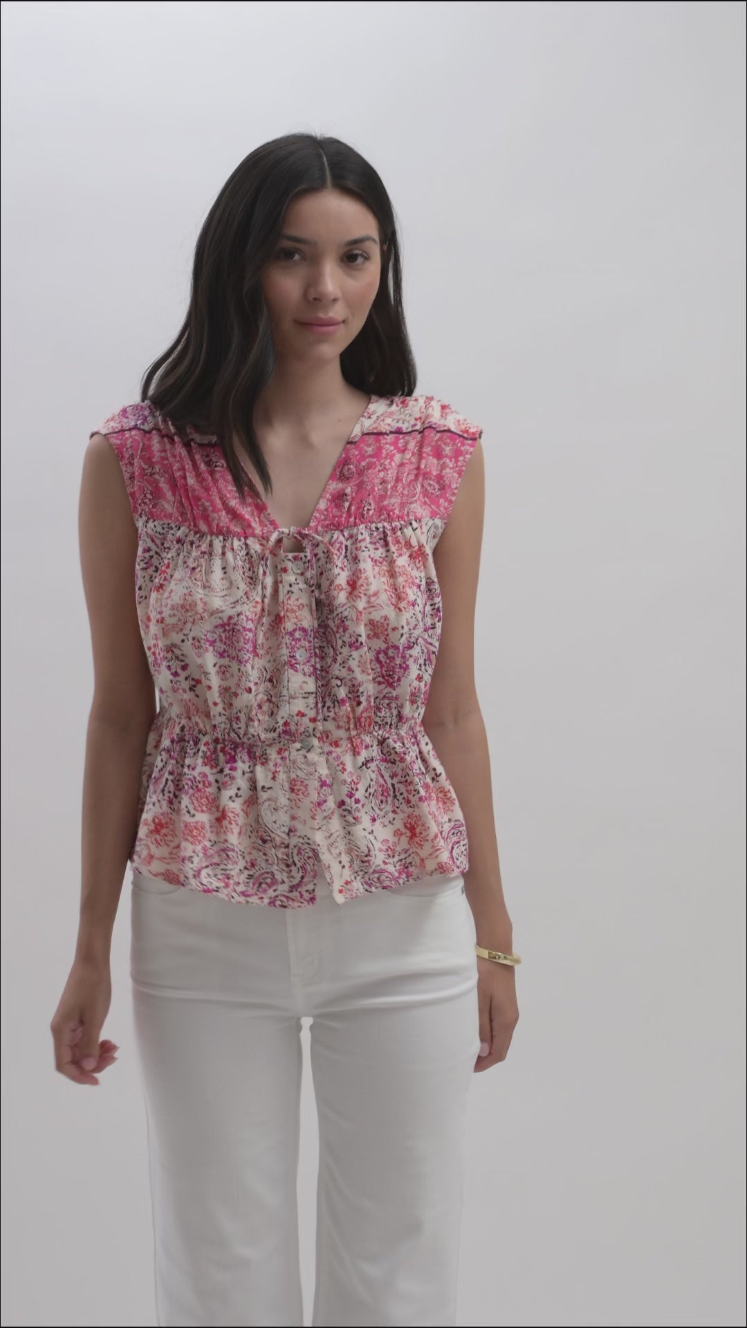 Extend Cap Sleeve Peplum Shirt Cadet Red Print video