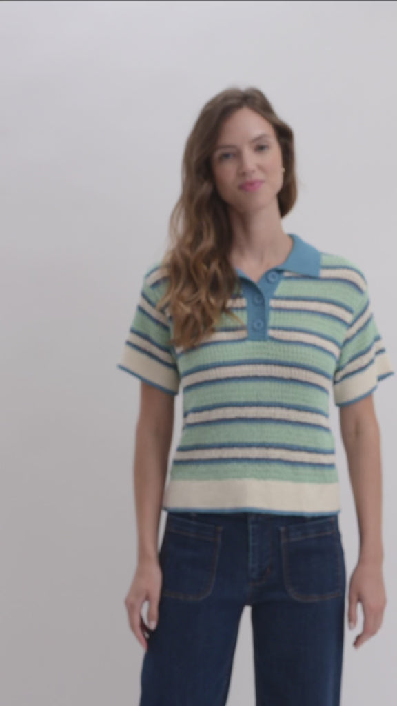 Sea Green Ocean Short Sleeve Crochet Polo