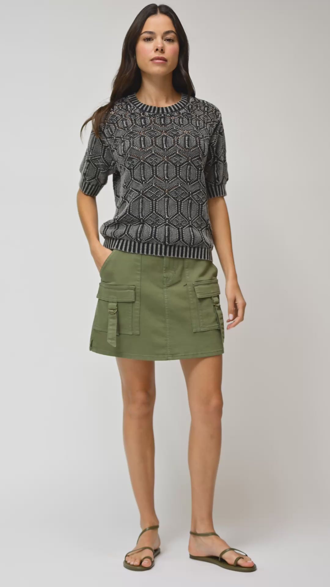 Short Sleeve Distressed Sweater and Olive Patch Pocket Twill Skirt Video