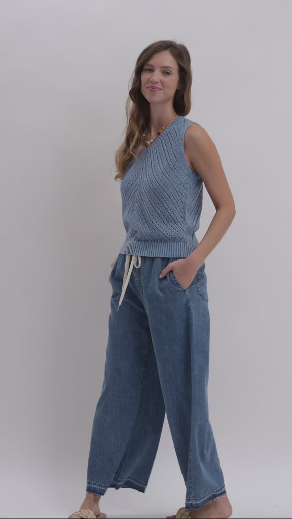 Sleeveless Acid Wash Crochet Top Ocean video