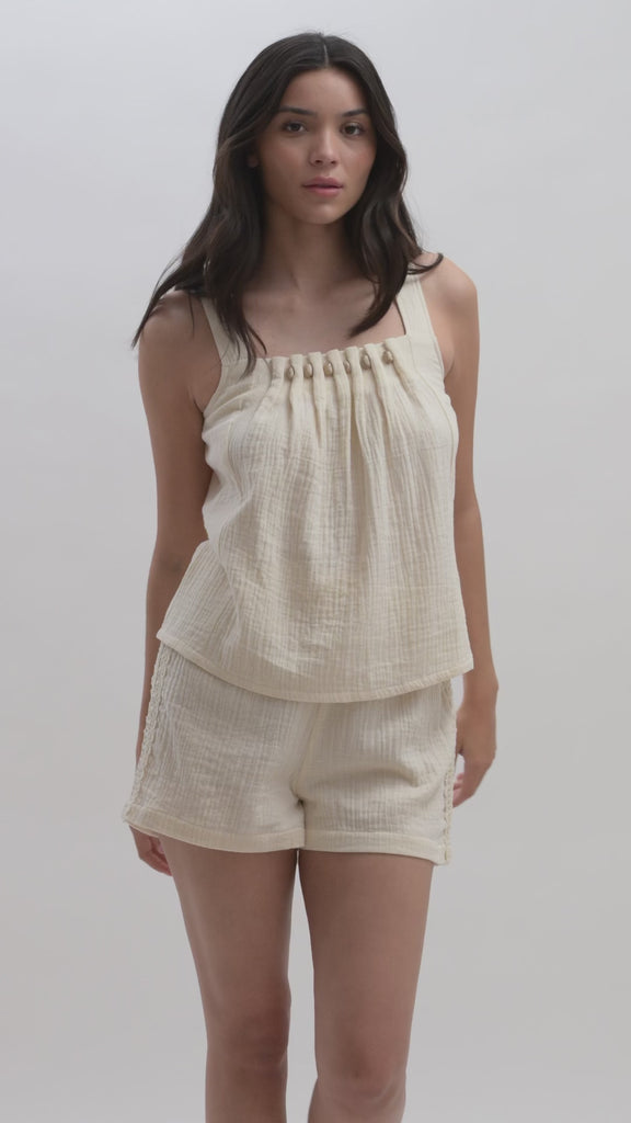 Pearl Beaded Neck A-Line Top & Crochet Short Video